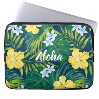 Luna Hibiscus Garden Hawaiian -Yellow and Navy Laptop Sleeve