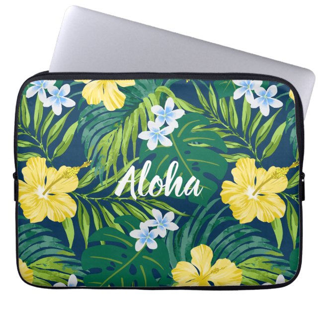 Luna Hibiscus Garden Hawaiian -Yellow and Navy Laptop Sleeve (Front)