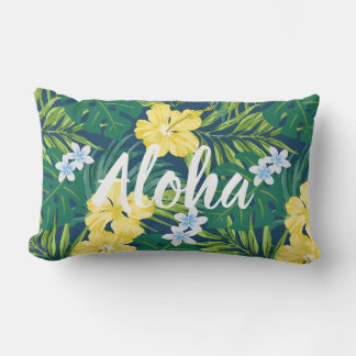 Luna Hibiscus Garden Hawaiian - Yellow and Navy Lumbar Pillow