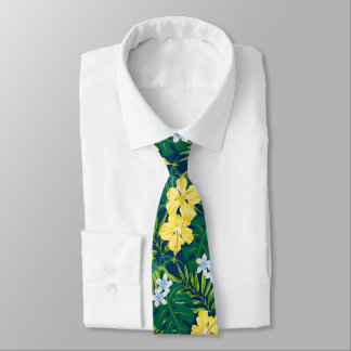 Luna Hibiscus Garden Hawaiian - Yellow and Navy Neck Tie