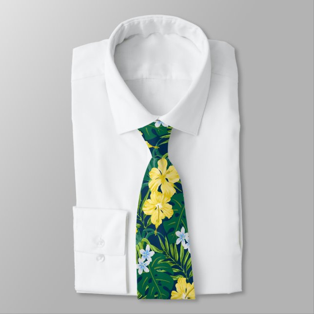 Luna Hibiscus Garden Hawaiian - Yellow and Navy Neck Tie (Tied)