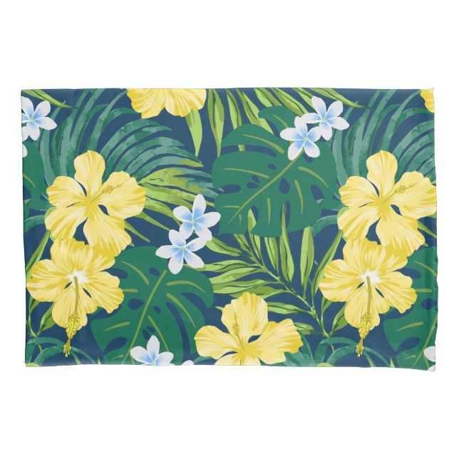 Luna Hibiscus Garden Hawaiian - Yellow and Navy Pillow Case (Front)