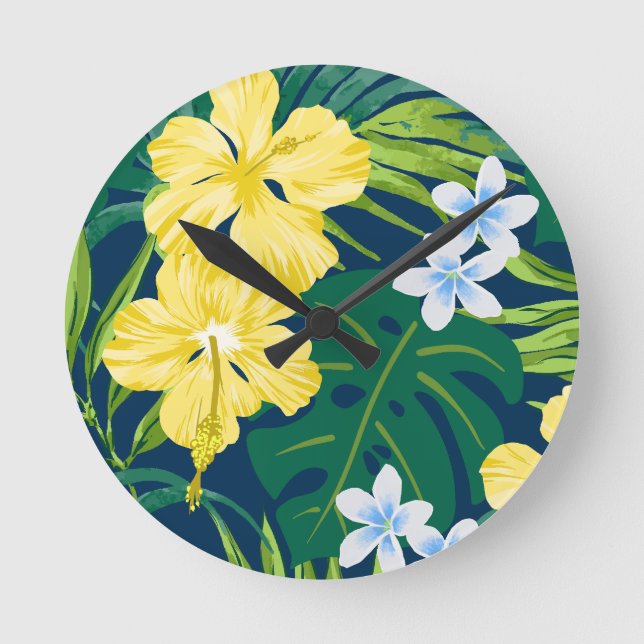 Luna Hibiscus Garden Hawaiian - Yellow and Navy Round Clock (Front)