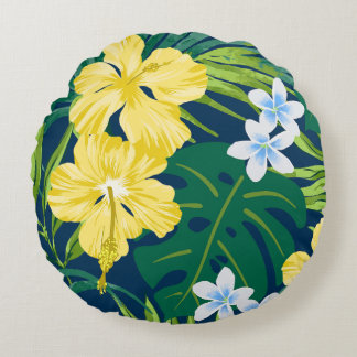 Luna Hibiscus Garden Hawaiian - Yellow and Navy Round Pillow