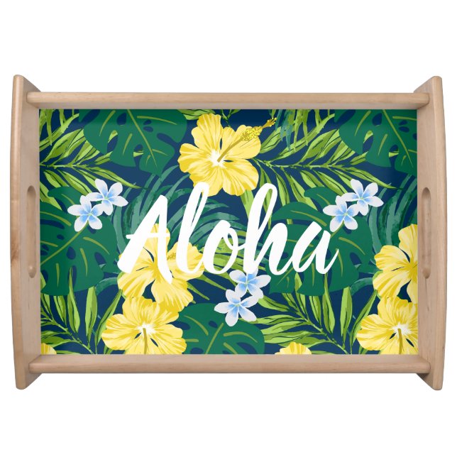 Luna Hibiscus Garden Hawaiian - Yellow and Navy Serving Tray (Front)