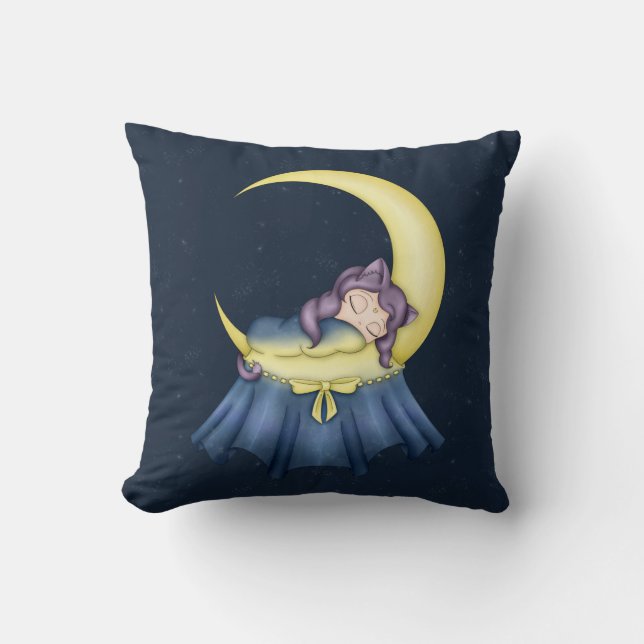 Luna Lullaby Cat Sleeping On The Moon Throw Pillow (Front)