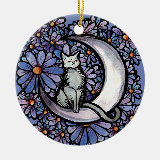 Luna Moon Cat Purple Daisy                         Ceramic Ornament (Front)