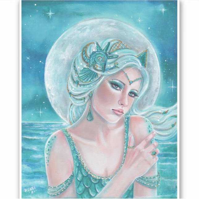 Luna moon goddess mermaid art by Renee L. Lavoie Sticker (Front)