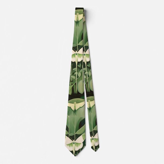 Luna Moth and flowers - Green and Cream Neck Tie (Front)