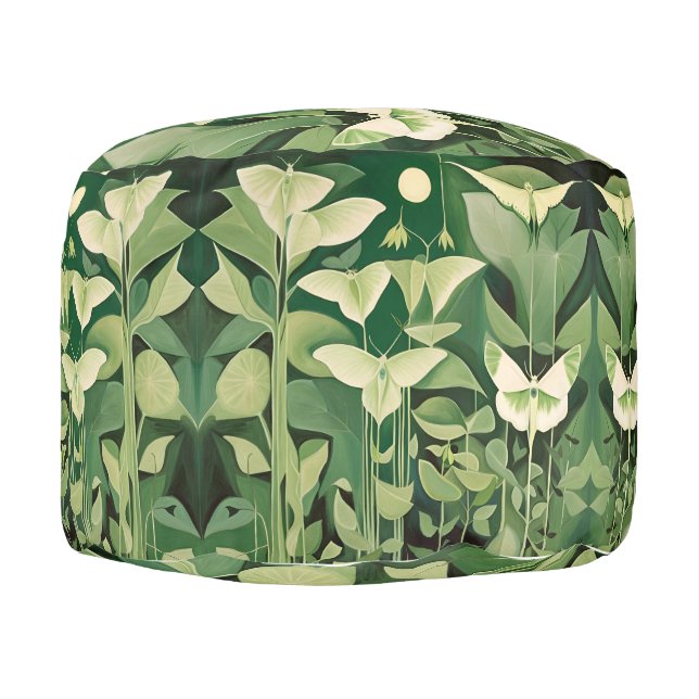 Luna Moth and flowers - Green and Cream Pouf (Right)