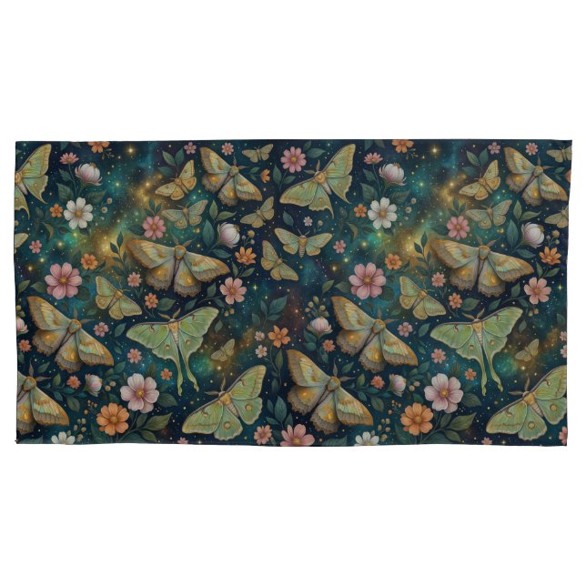 Luna Moth and Moon Phases, Starry Night Flowers Pillow Case (Front-Left)