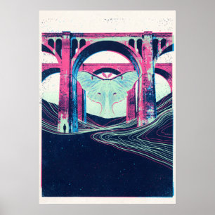 Luna Moth Beneath Pink Viaduct Surreal Art Poster