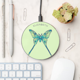 Luna moth butterfly insect green name wireless charger 
