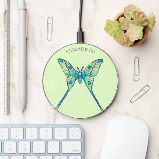 Luna moth butterfly insect green name wireless charger