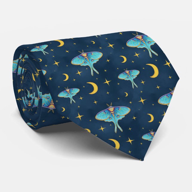 Luna Moth Celestial Moons & Stars Navy  Neck Tie (Rolled)