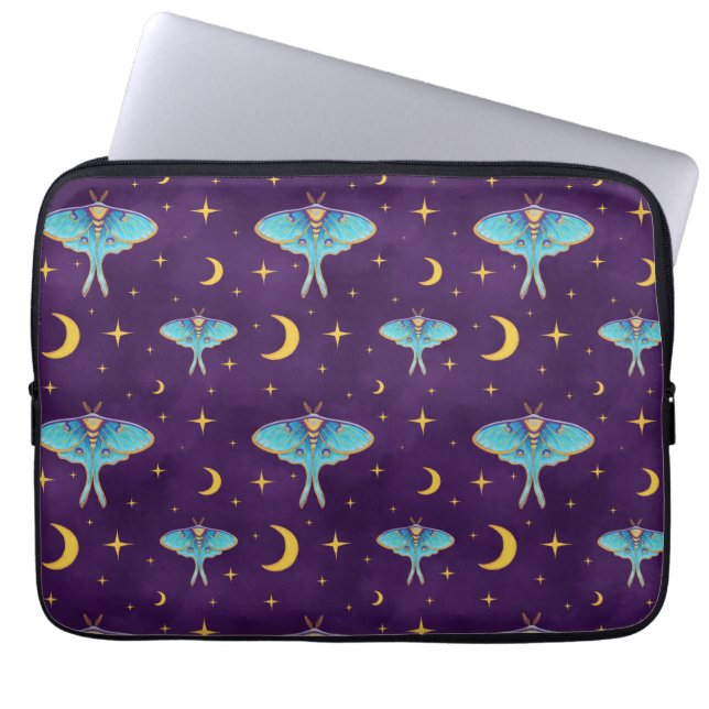 Luna Moth Celestial Moons & Stars Purple Laptop Sleeve (Front)