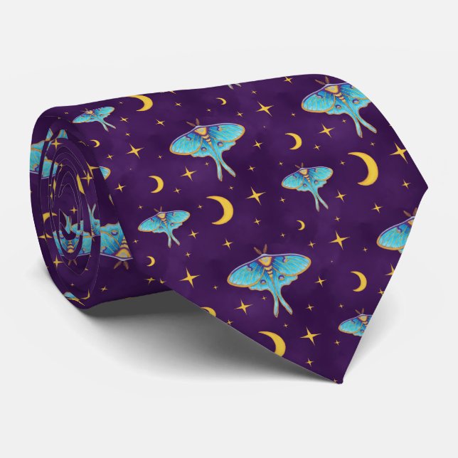 Luna Moth Celestial Moons & Stars Purple Neck Tie (Rolled)