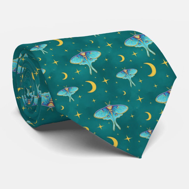 Luna Moth Celestial Moons & Stars Teal Neck Tie (Rolled)