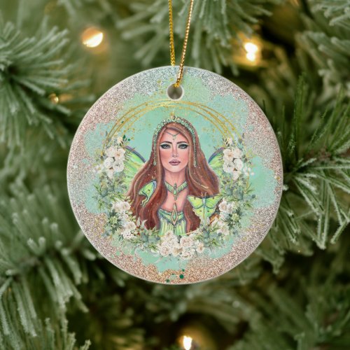 Luna moth fairy art by Renee Lavoie Ceramic Ornament
