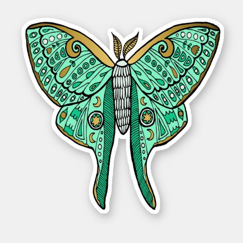Luna Moth Illustration _ Green and Gold Sticker