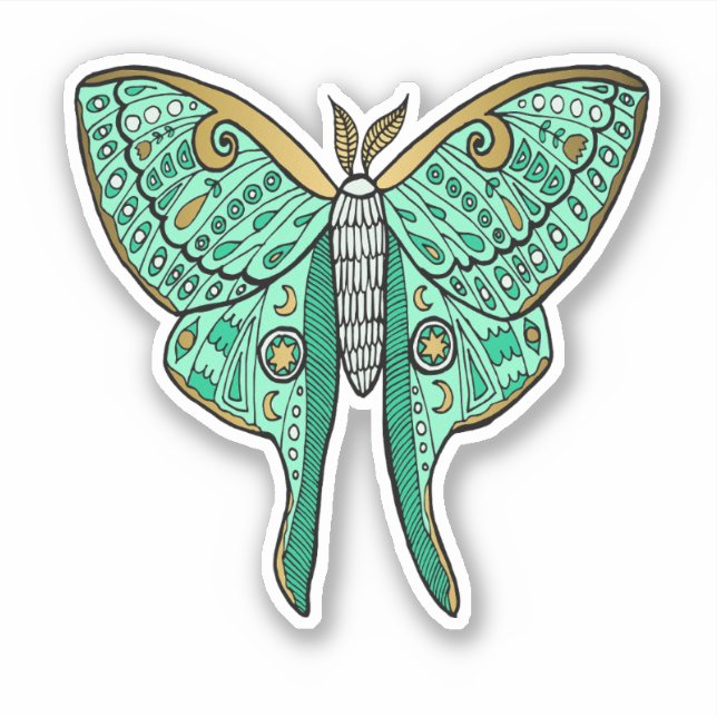 Luna Moth Illustration - Green and Gold Sticker (Front)