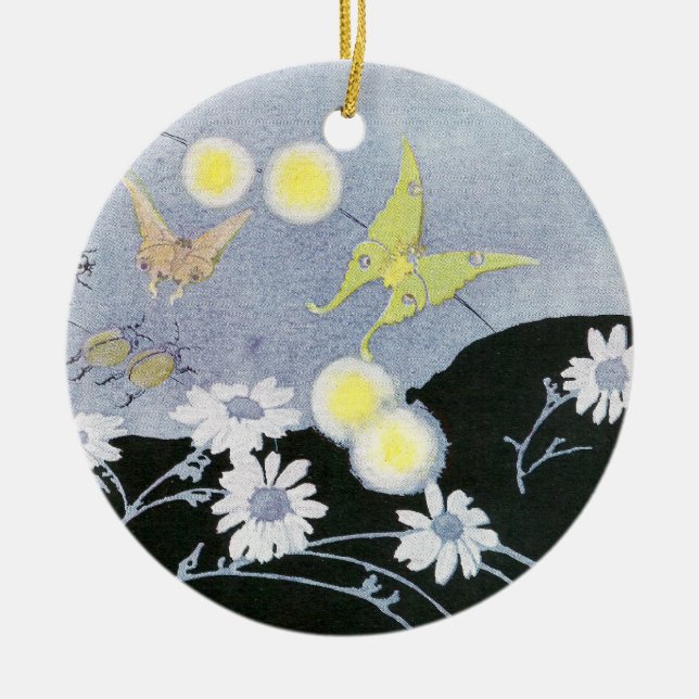 Luna Moth Lit by Glowing Fireflies Ceramic Ornament (Front)