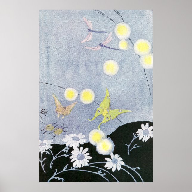 Luna Moth Lit by Glowing Fireflies Poster (Front)