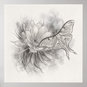 Luna Moth Lotus Flower Monochrome Sketch Poster