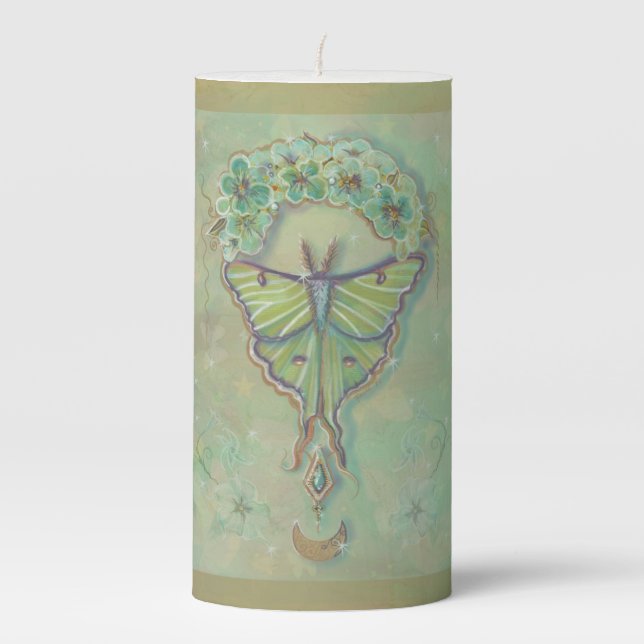 Luna moth moon design by Renee Lavoie   Pillar Candle (Front)