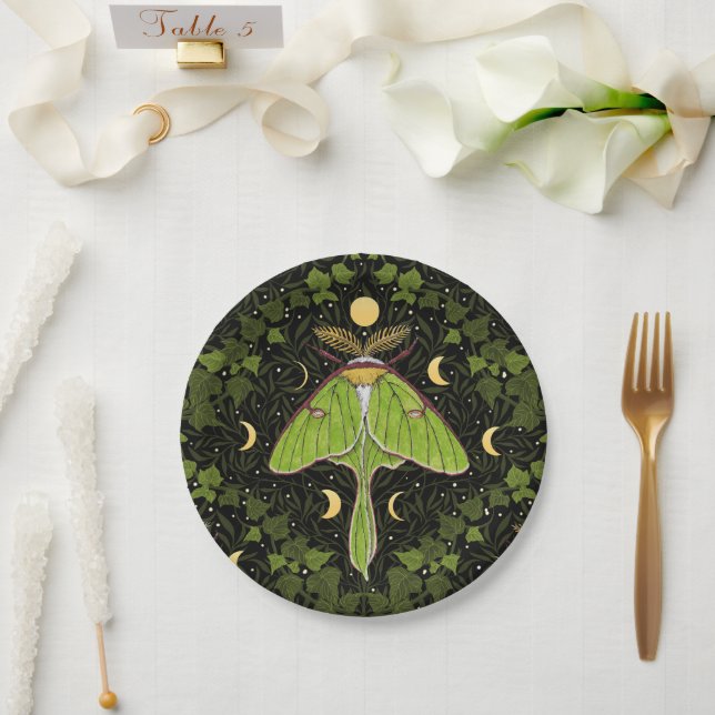 Luna moth, moon phases and ivy damask 2 paper plates (Wedding)