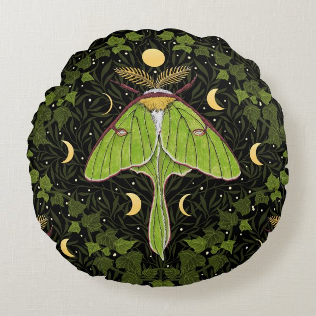 Luna moth, moon phases and ivy damask 2 round pillow (Front)