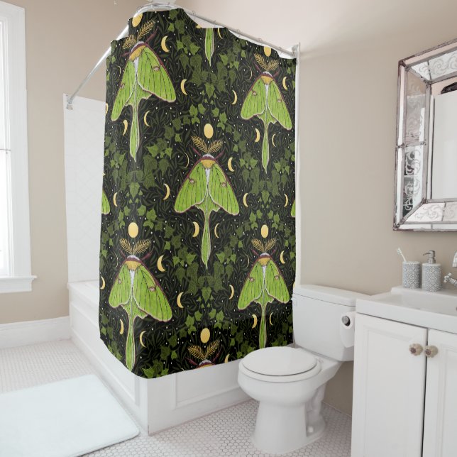 Luna moth, moon phases and ivy damask 2 shower curtain (In Situ)