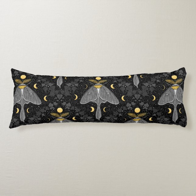 Luna moth, moon phases and ivy damask pattern body pillow (Front)