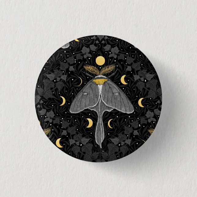 Luna moth, moon phases and ivy damask pattern button (Front)