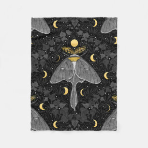 Luna moth, moon phases and ivy damask pattern fleece blanket