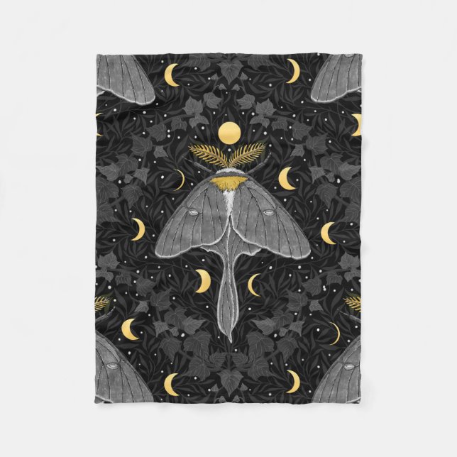 Luna moth, moon phases and ivy damask pattern fleece blanket (Front)