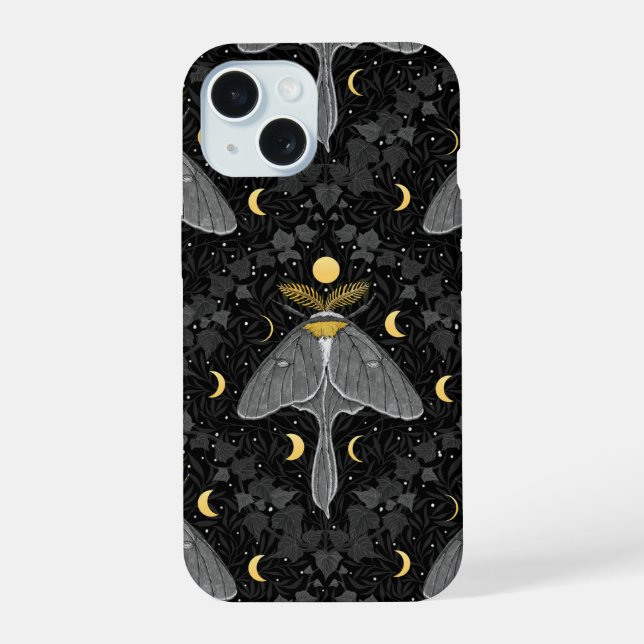 Luna moth, moon phases and ivy damask pattern iphone case (Back)