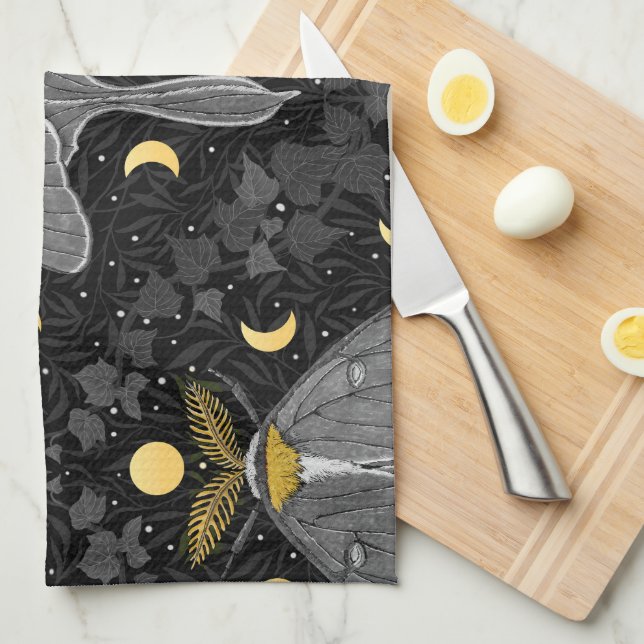 Luna moth, moon phases and ivy damask pattern kitchen towel (Quarter Fold)