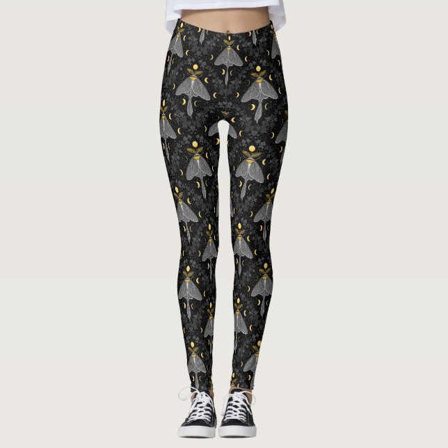 Luna moth, moon phases and ivy damask pattern leggings (Front)