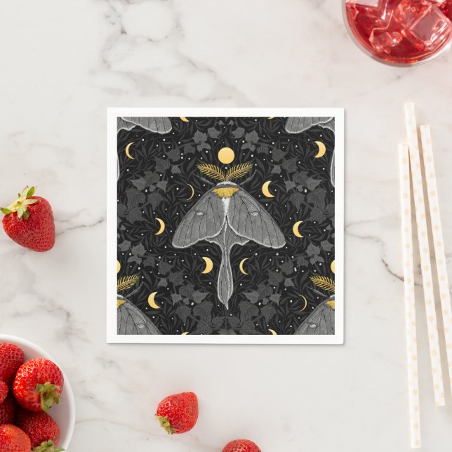Luna moth, moon phases and ivy damask pattern napkins (Insitu)