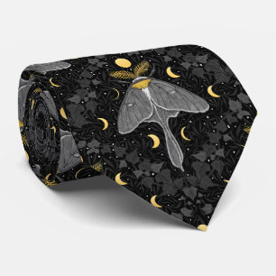 Luna moth, moon phases and ivy damask pattern neck tie