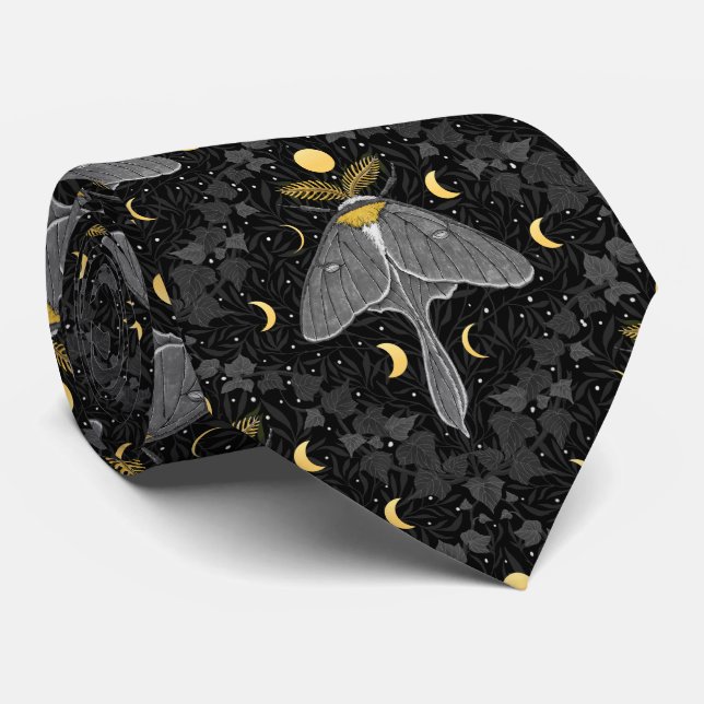 Luna moth, moon phases and ivy damask pattern neck tie (Rolled)