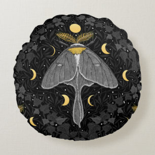 Luna moth, moon phases and ivy damask pattern round pillow