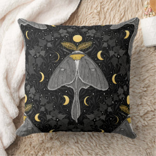 Luna moth, moon phases and ivy damask pattern throw pillow