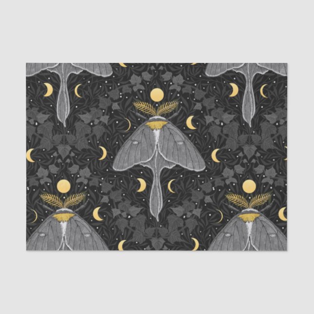 Luna moth, moon phases and ivy damask pattern tissue paper (Front)