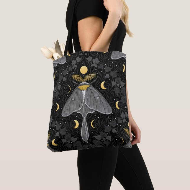 Luna moth, moon phases and ivy damask pattern tote bag (Close Up)