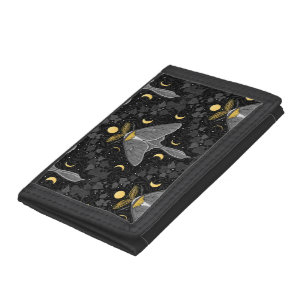 Luna moth, moon phases and ivy damask pattern trifold wallet