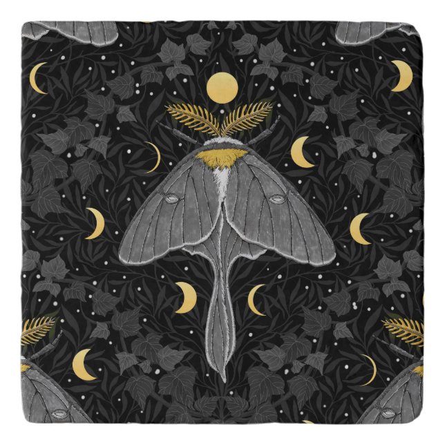 Luna moth, moon phases and ivy damask pattern trivet (Front)