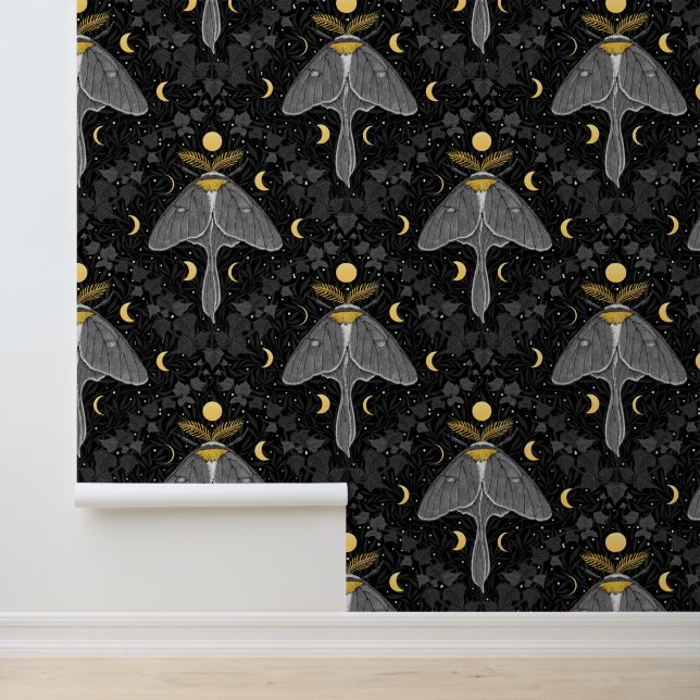 Luna moth, moon phases and ivy damask pattern wallpaper  (Application)