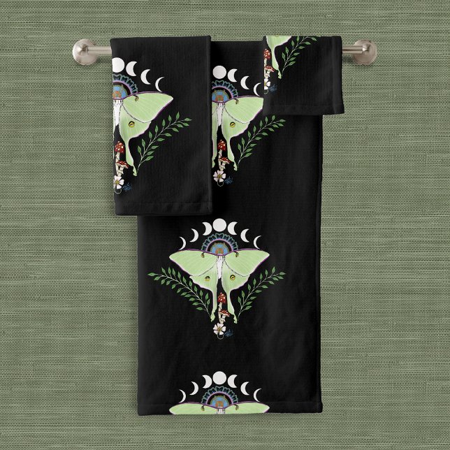 Luna Moth Moon Phases Black Bath Towel Set (Creator Uploaded)